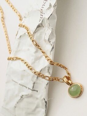 Gold Chain Necklace with Green Stone Pendant - Women's Jewelry